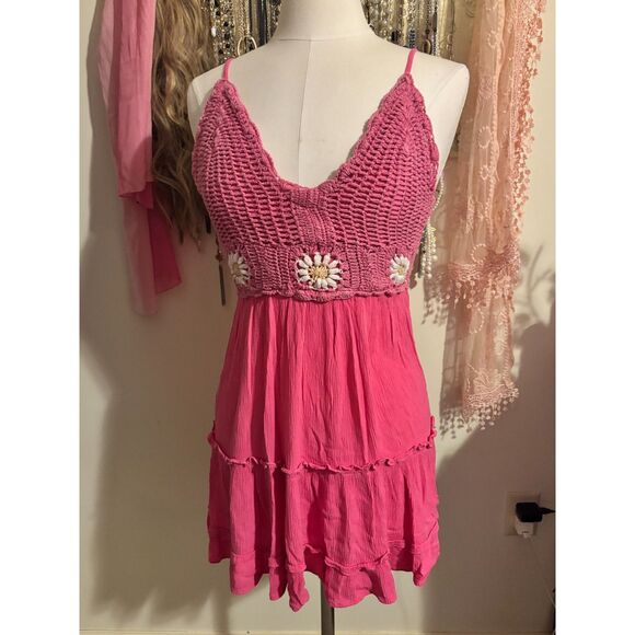 Blush Dresses & Skirts - Blush Pink Crochet Daisy Bodice Tiered Babydoll Mini Dress Boho Festival Size S